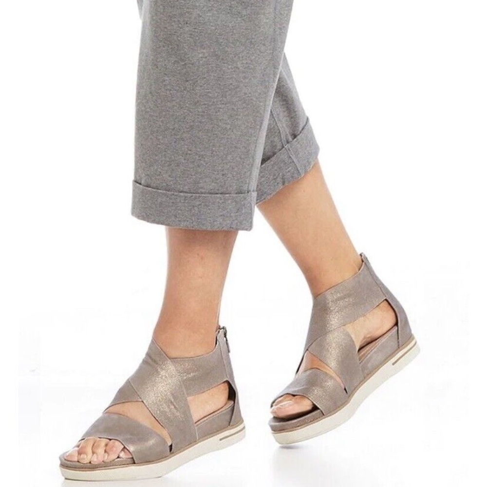 Eileen Fisher Metallic Sport Suede Criss Cross Banded Wedge Platform Sandals 7 - Picture 2 of 13